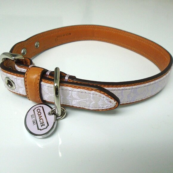 NEW COACH BROWN LEATHER LILAC JACQUARD SIGNATURE C DOG PET COLLAR 4003 SZ MEDIUM - Picture 2 of 14